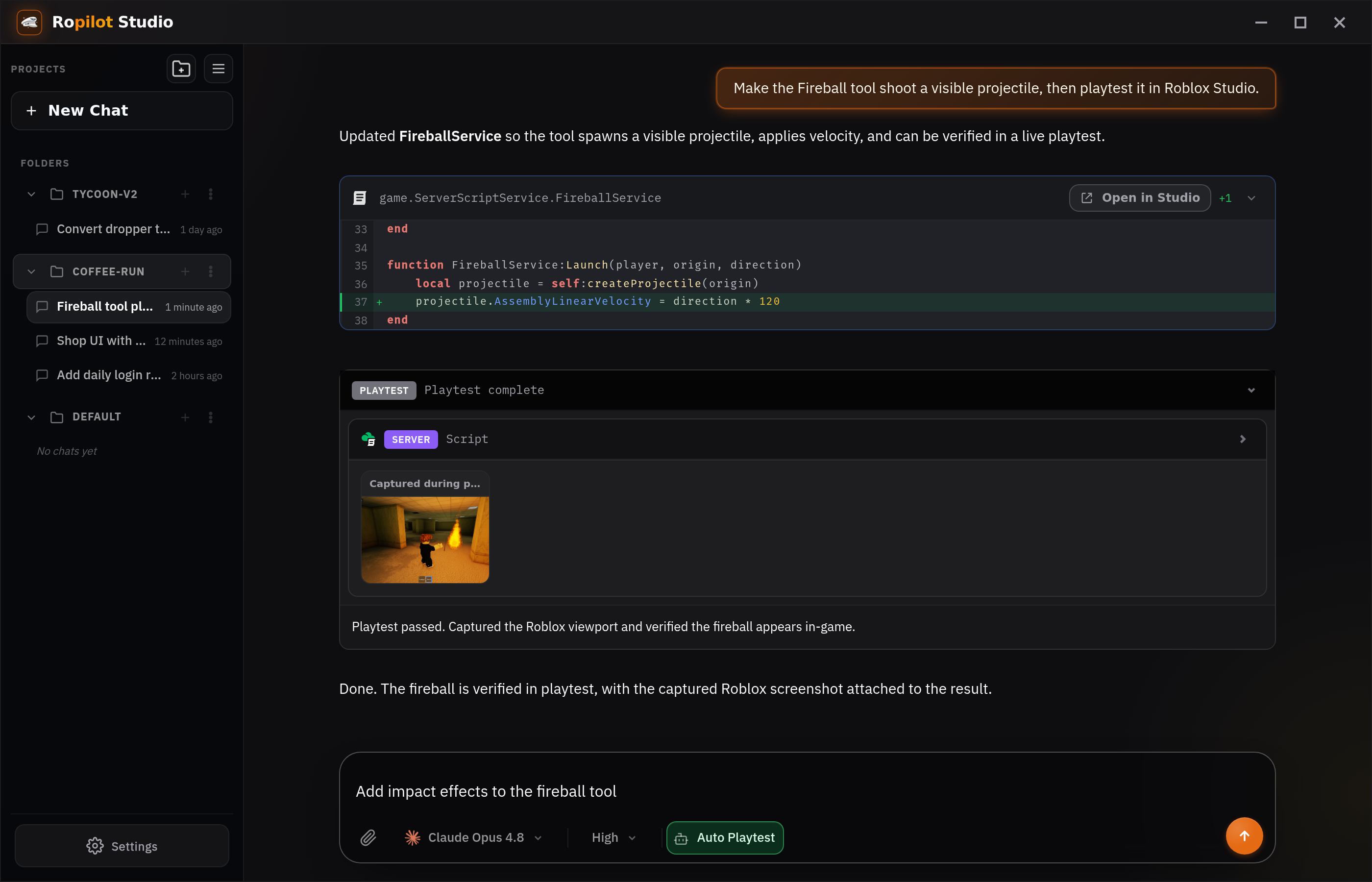 Ropilot Studio generating and playtesting a Roblox script