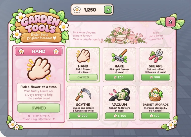 Garden Tools shop UI for a Roblox game, built with Ropilot